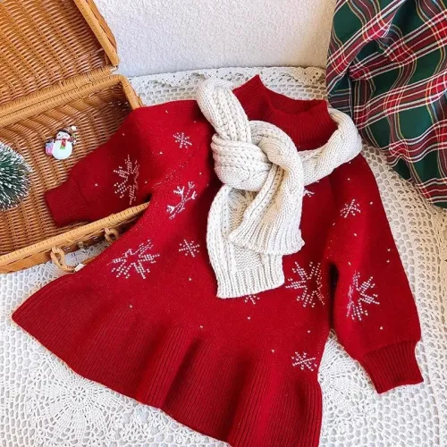 Girls' wool knitted dress long-sleeved Christmas skirt princess dress