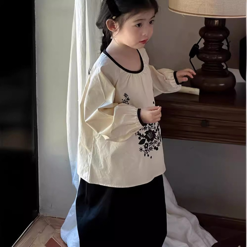 Girls embroidered shirt baby black white contrast color shirts