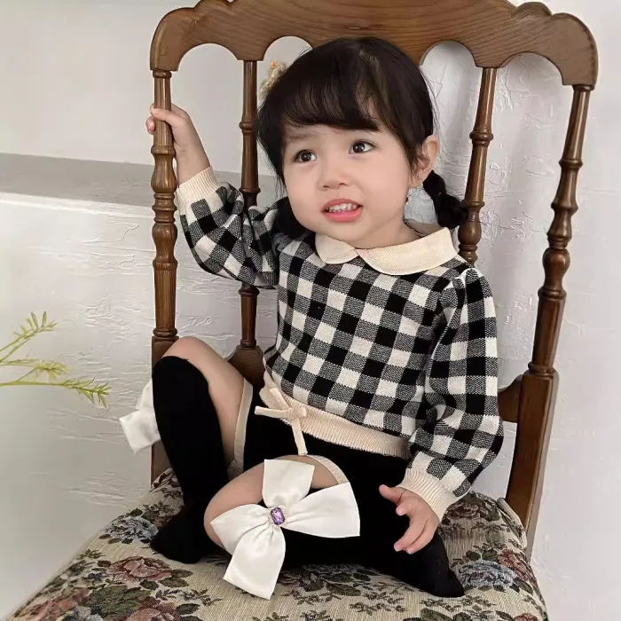 Baby set cute collar plaid knitted pullover top shorts 2-piece suit
