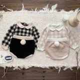 Baby set cute collar plaid knitted pullover top shorts 2-piece suit