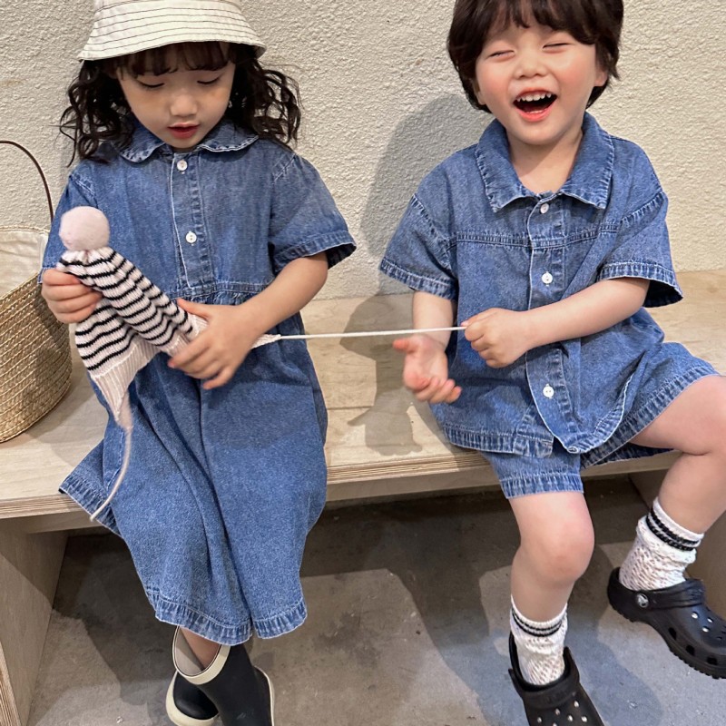 Cothing sets short sleeve casual girl dress denim two piece suit