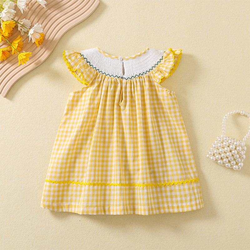 Girls dresses flying sleeves small plaid skirt sweet embroidery princess dress