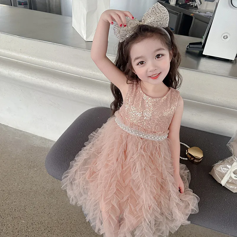Girl dresses sleeveless gauze skirt baby dress pearl belt vest princess dress