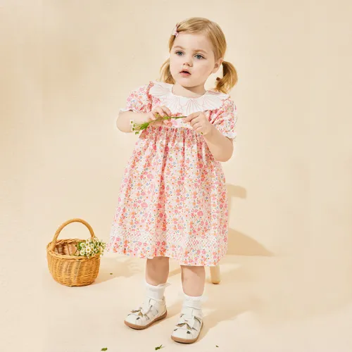 Girls Embroidered Collar Dress Cotton Puff Sleeve Toddler Floral Dress