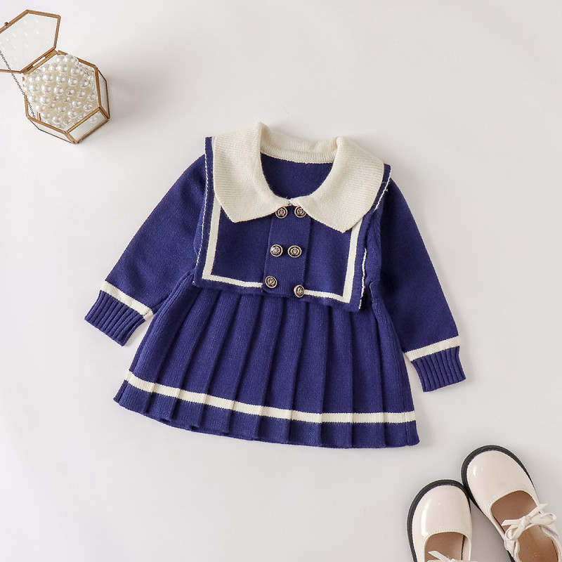 Girls' Navy woolen skirt autumn dress long sleeve infant knitted pleated skirt