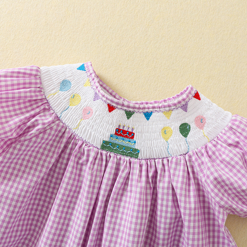 Girls dresses purple plaid skirt cartoon embroidery cotton princess dress