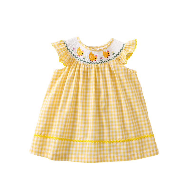 Girls dresses flying sleeves small plaid skirt sweet embroidery princess dress