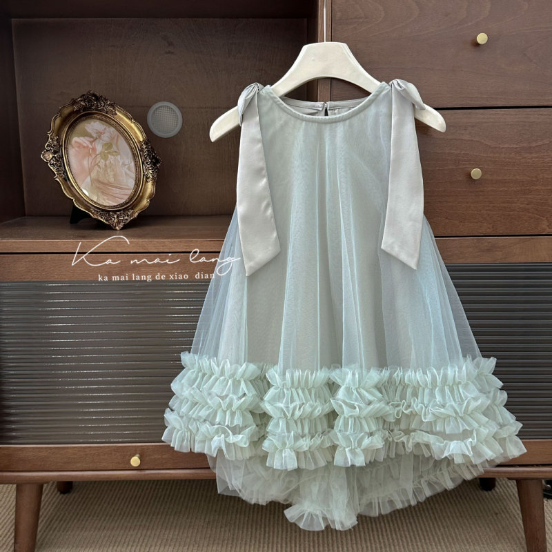 Girls dress soft veil pettiskirt bow suspenders birthday dress