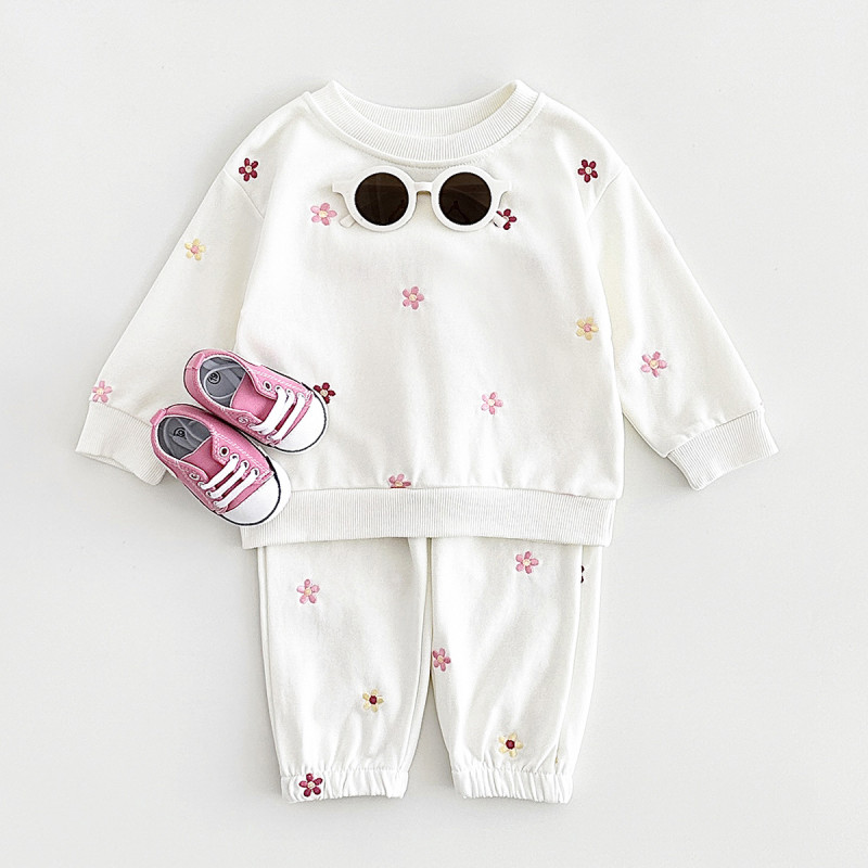 Floral embroidered pullover sweatshirt suit long-sleeved trousers two-piece set
