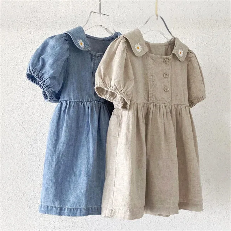 Baby dress chrysanthemum embroidery lapel bubble short-sleeved denim skirt