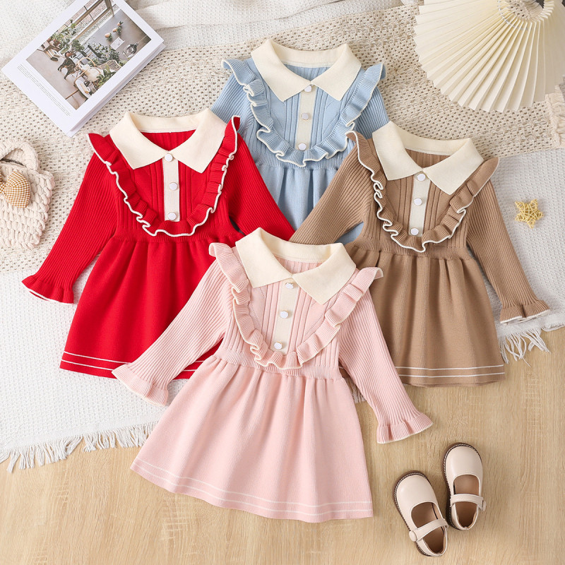Popular knitted long skirt baby dresses girls long sleeve princess dress