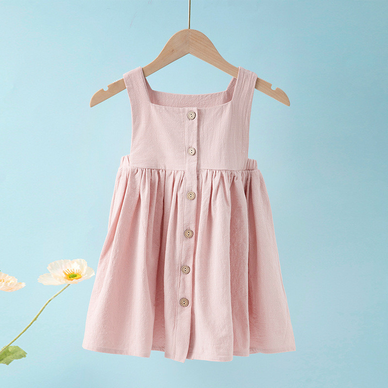 Girls dress  solid color pleated sleeveless cotton princess dress