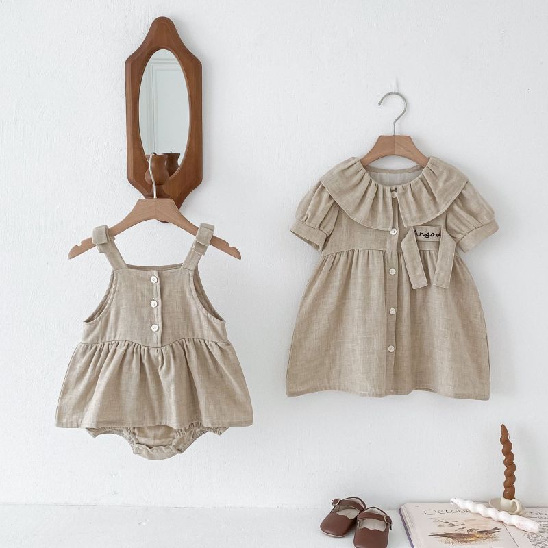 Summer baby cotton and linen short sleeve doll collar dress rompers