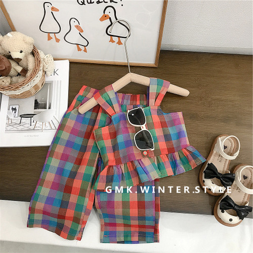 Girls suit summer fashionable wide leg pants baby plaid two-piece set