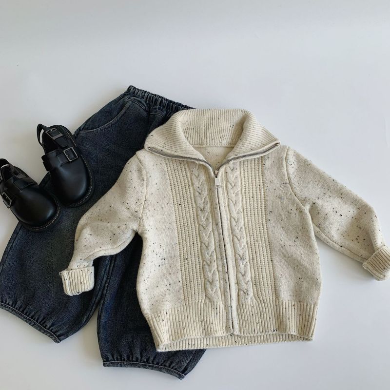kids' sweater small dots zipper knitwear boys turn-down collar sweater