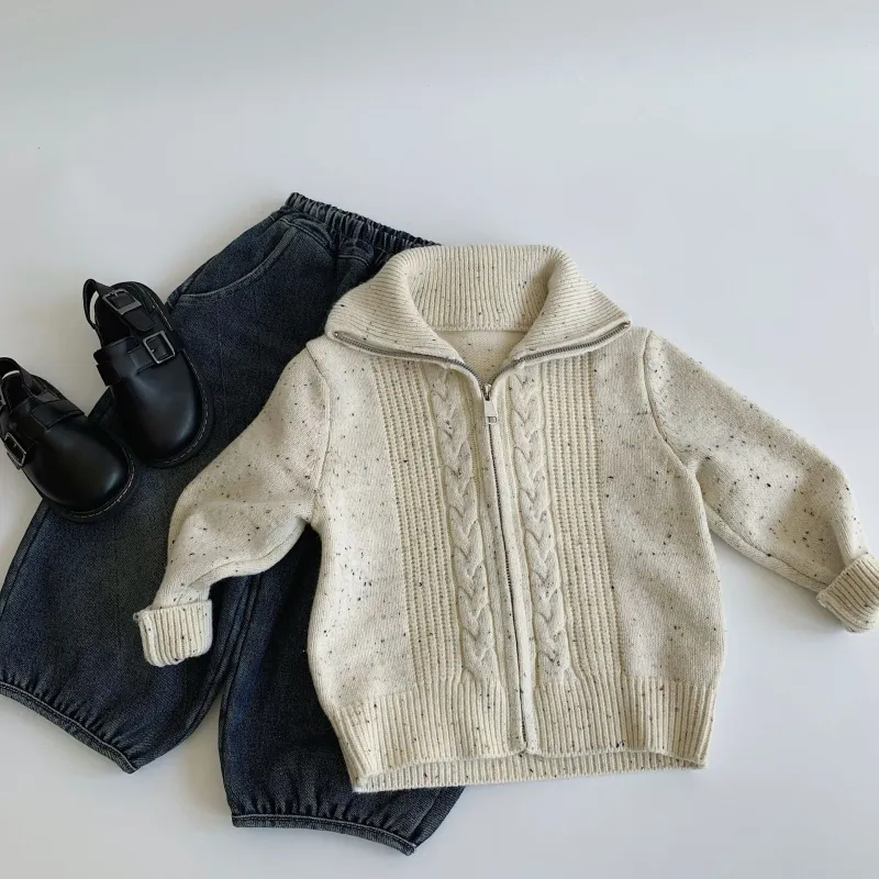 kids' sweater small dots zipper knitwear boys turn-down collar sweater
