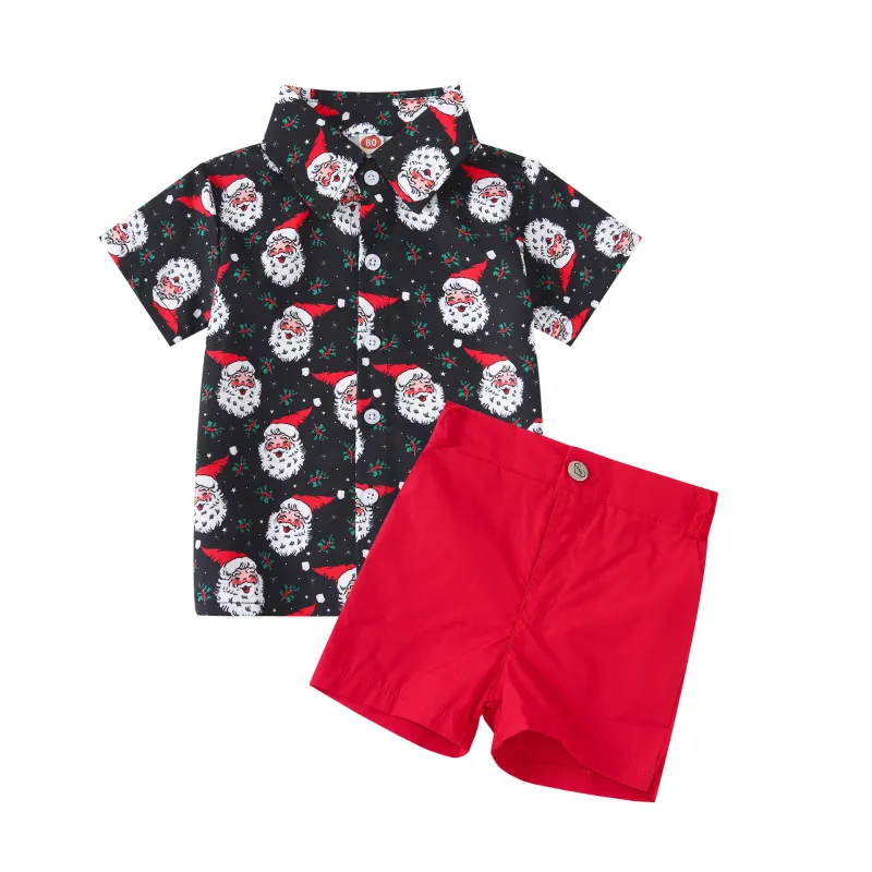 Children's Christmas shirt suit short-sleeved shorts bow tie two-piece set