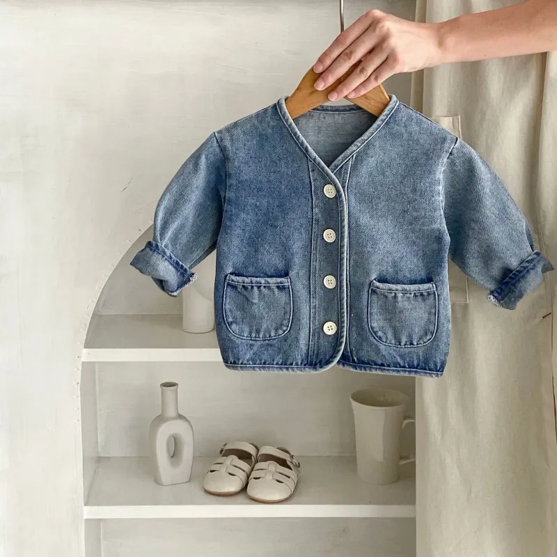 Baby Denim coat v Collar fashion long sleeve cardigan