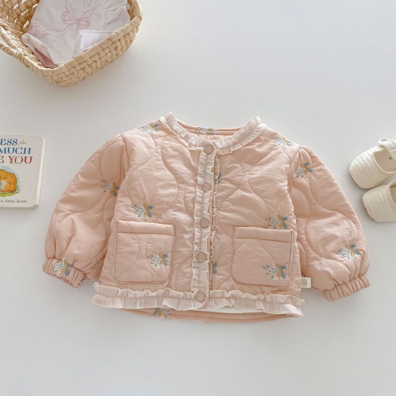 Girls Winter Embroidery Lace Collar Thickened Cotton Floral Coat