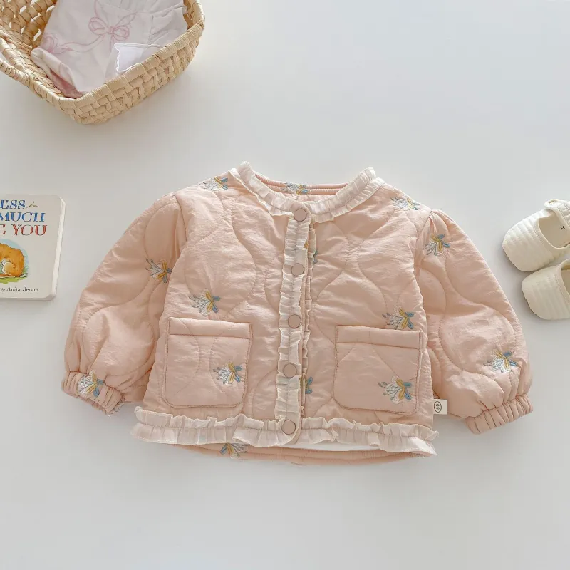 Girls Winter Embroidery Lace Collar Thickened Cotton Floral Coat