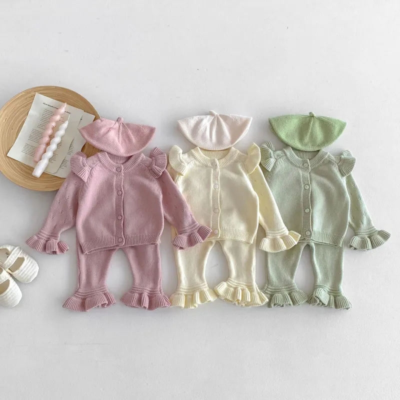 Knitted sweater suit sweet flare sleeve solid color cardigan trousers two-piece set