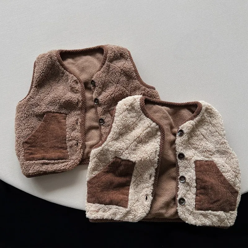 Color-blocked plush baby vest baby version contrasting color warm kids top