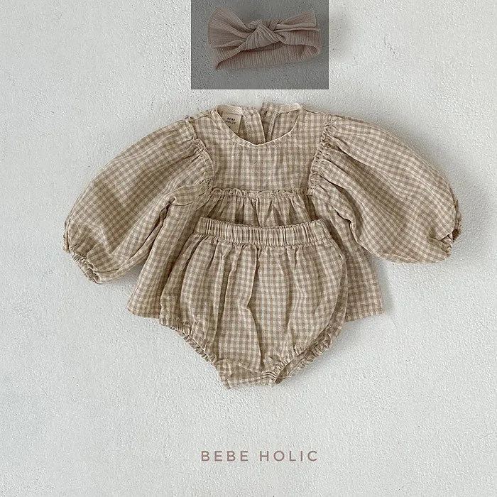 Infant clothes plaid  baby romper sweet outing two-piece baby suit