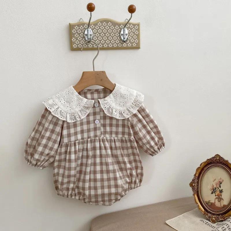 Baby clothes  girl plaid romper lapel onesie romper