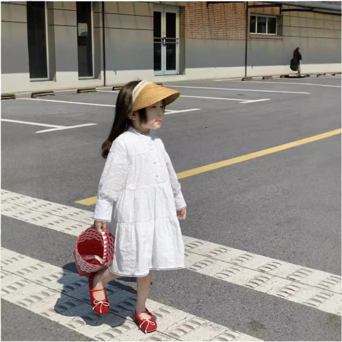 Children's clothing Girls white jacquard stand collar long sleeve slip dress