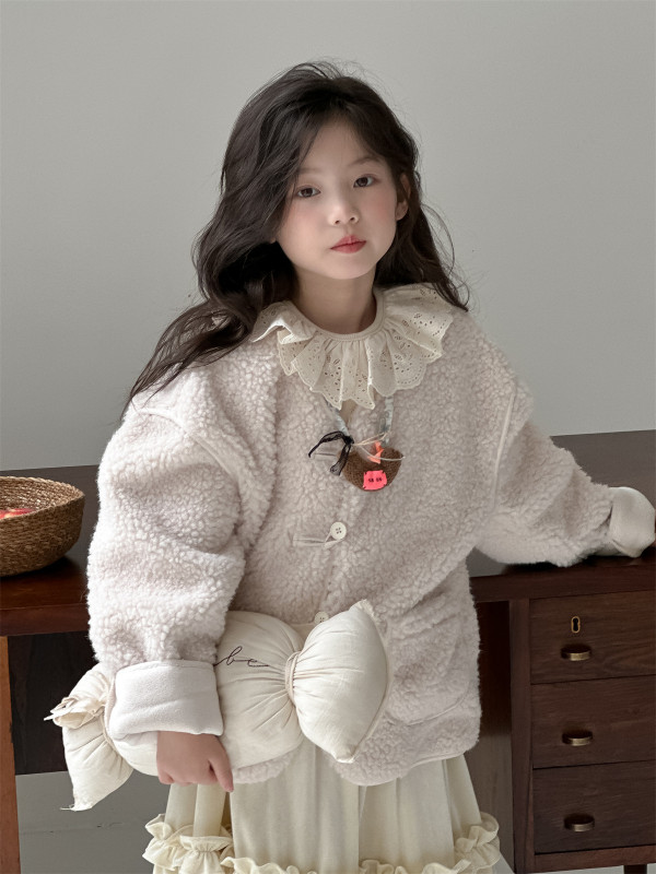 Girls' plush coat cotton-padded warm wool kids top