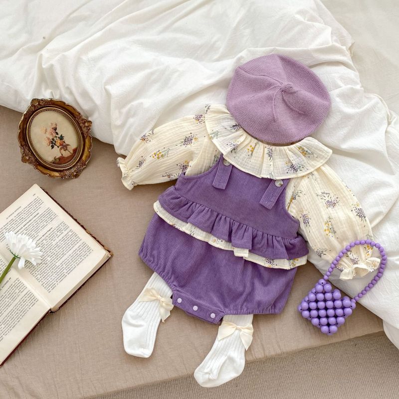 Baby girl sweet floral doll shirt corduroy strap two-piece set