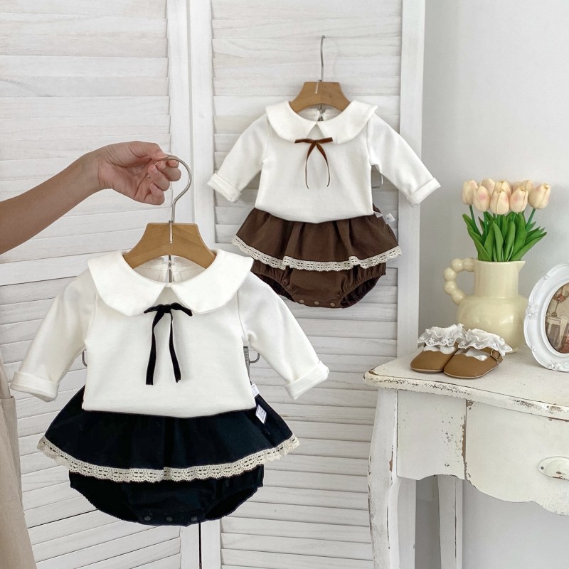 Girls Bow Tie Collar Long Sleeve Top + Lace Bumm Shorts Two-Piece Outfit