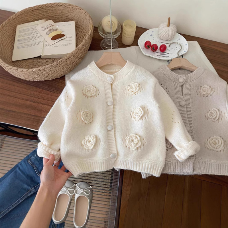 Baby Sweater Hand-Knitted Flower Cotton Gauze Children's Solid Color Cardigan