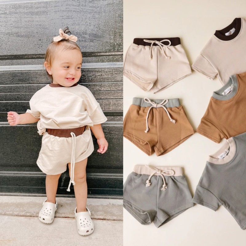 Solid color short sleeve suit baby hot selling loose cotton shorts two-piece set