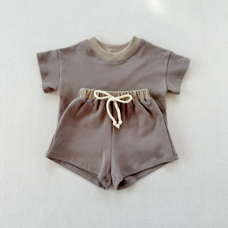 Solid color short sleeve suit baby hot selling loose cotton shorts two-piece set