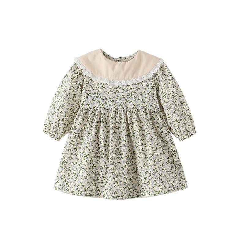 Long - sleeved lace - collared small floral prints baby princess dress