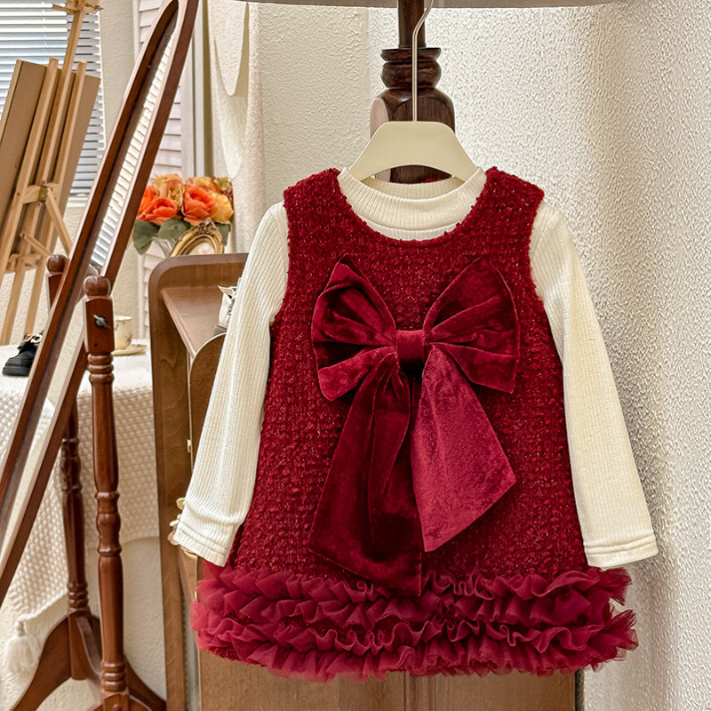 Girl's Dresses Bowknot Christmas Party Outfit Fleece-Lined New Year's Suit