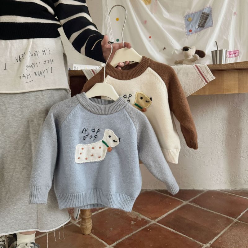 Girls Cartoon Dog Double-Layer Fleece Knitwear Baby Pullover sweater