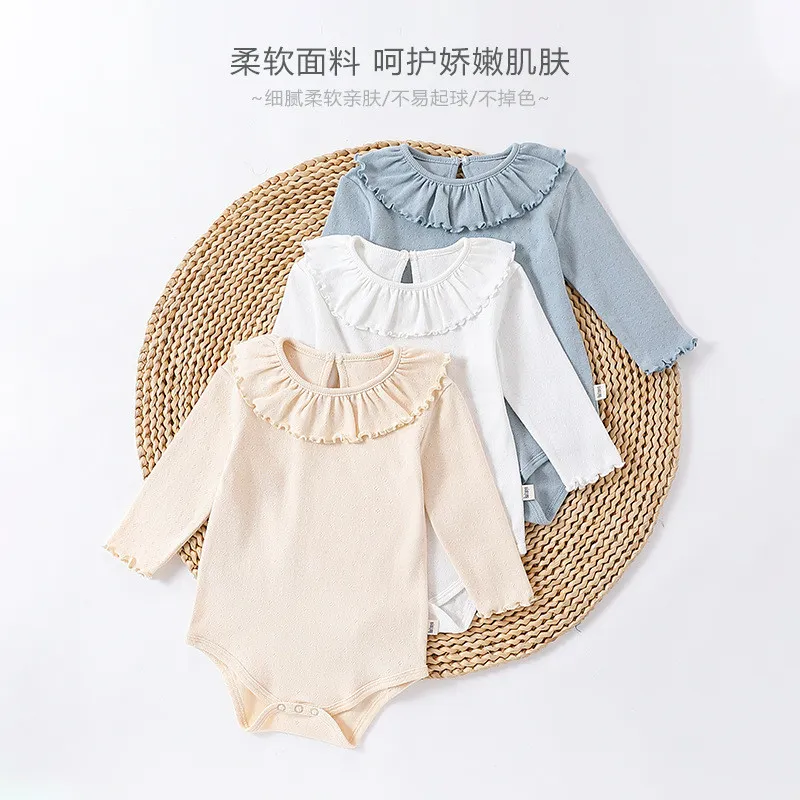 Girls' Long Sleeve Baby Romper with Ruffle Neck Collar