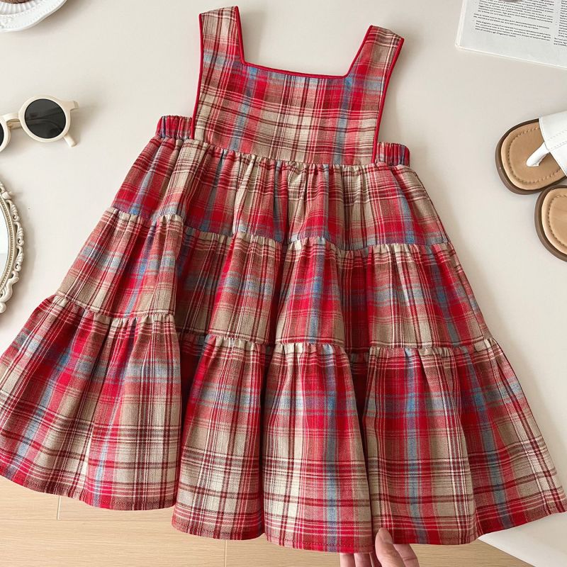 Girls' Dresses Sleeveless Children's Plaid Vest and Flower Princess Dress