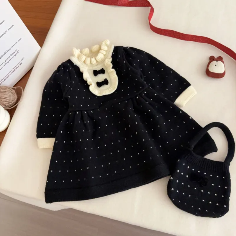 Knitted Dresses with Satin Waistband Sweaters Baby Girl Princess Dress With Bag