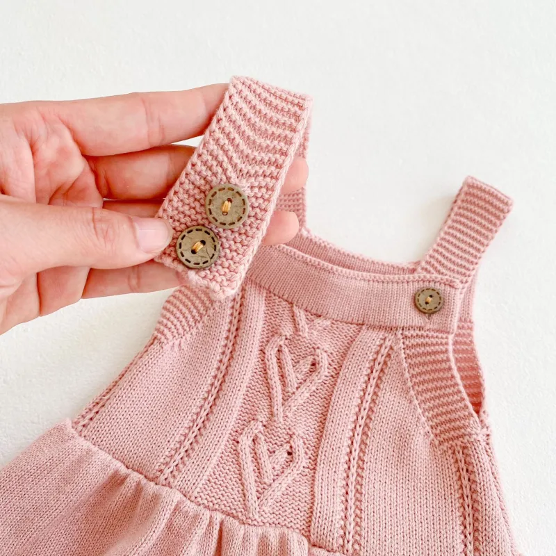 Baby Romper Girls Sweater Jumpsuit with Heart-Shaped Leaves Love Heart Printed Bodysuit