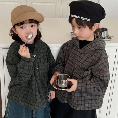Children's plaid corduroy hooded coat Mori style retro cardigan