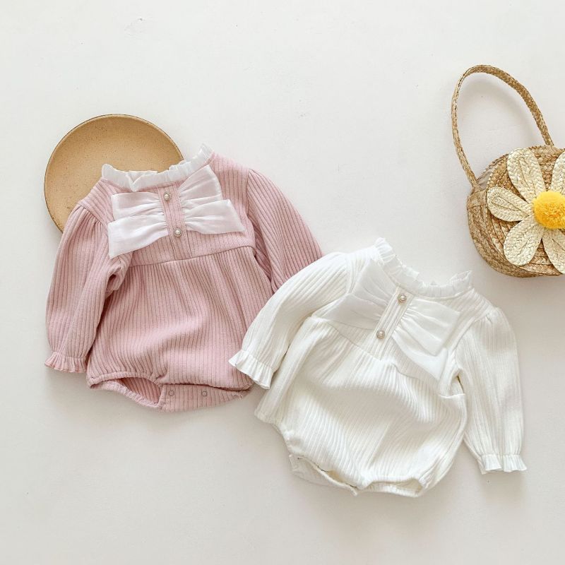 Baby girls solid white pink Big Bow romper Infant cotton Outwear