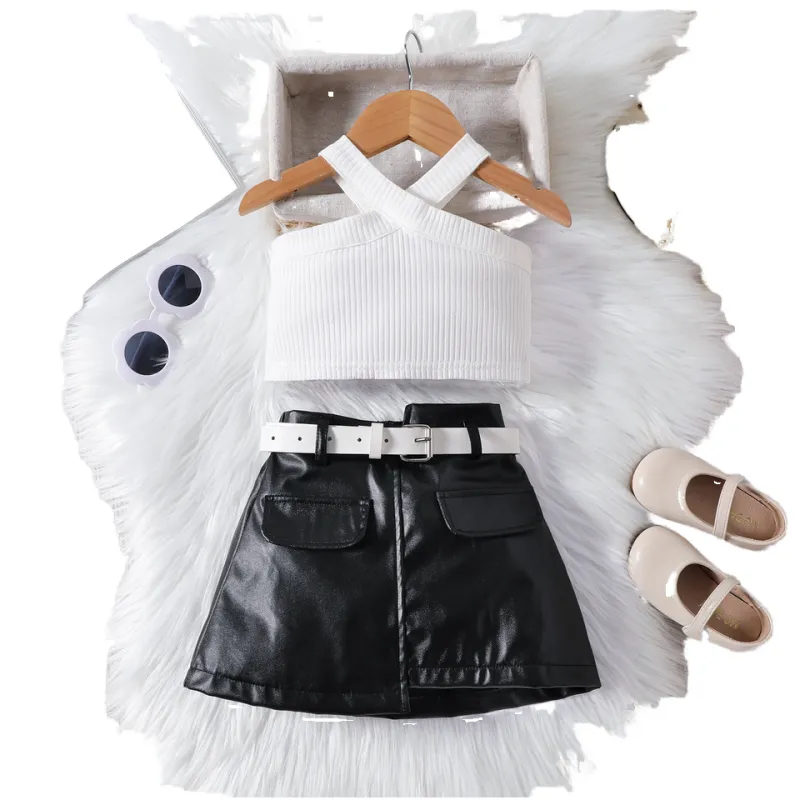 Girl clothing sets solid color cross hollow off-shoulder halter neck three piece suits