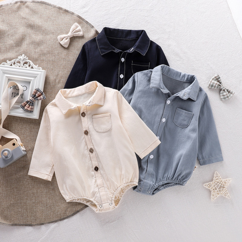 Rompers Turn Down Collar Long Sleeve Solid Baby Bodysuit