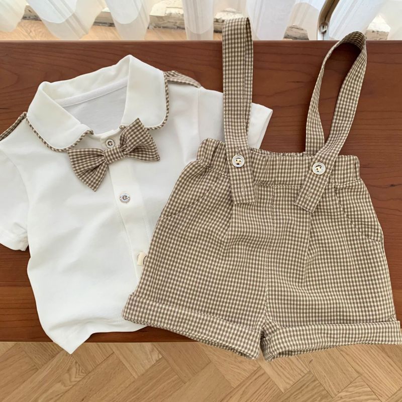 Summer boy fashion bowknot plaid shirt boy literary top soft cotton suits