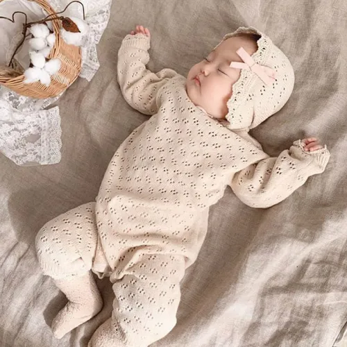 Baby Rompers Hats Sets Solid Knitted Kids Sweaters Jumpsuits Outfits 2pcs