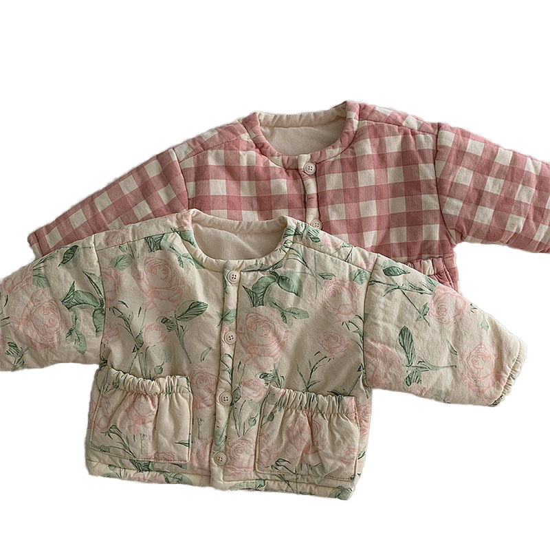 Children's baby checkered flowers round neck cotton coat warm cotton jacket