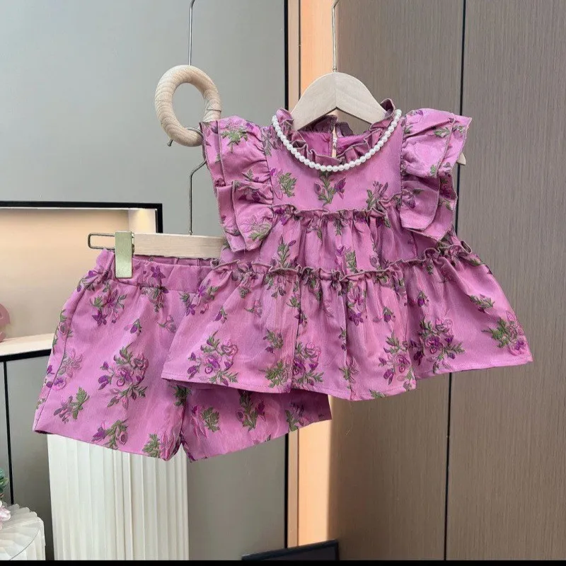 Baby girl clothing sets summer floral printing dress shorts two piece suit